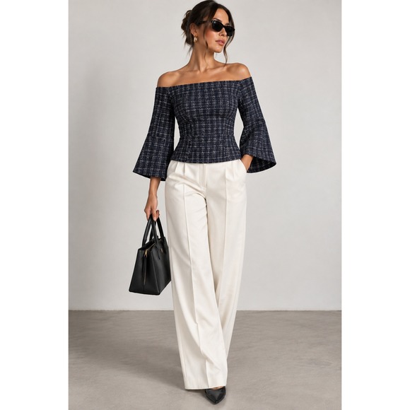 Zara Tops - Zara Navy Tweed Off Shoulder Top L Flare Sleeve Office Siren Mod Retro Tailored